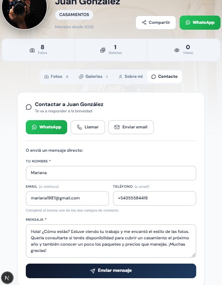 Consulta de cliente a fotógrafo por WhatsApp en PhotoBook